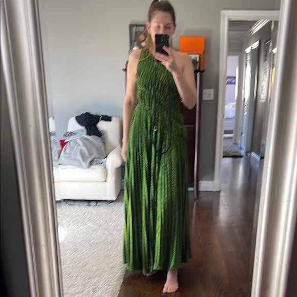 Elegant Green Maxi Dress Akira Stay radiant Metallic chiffon maxi dress size S - Picture 3 of 5